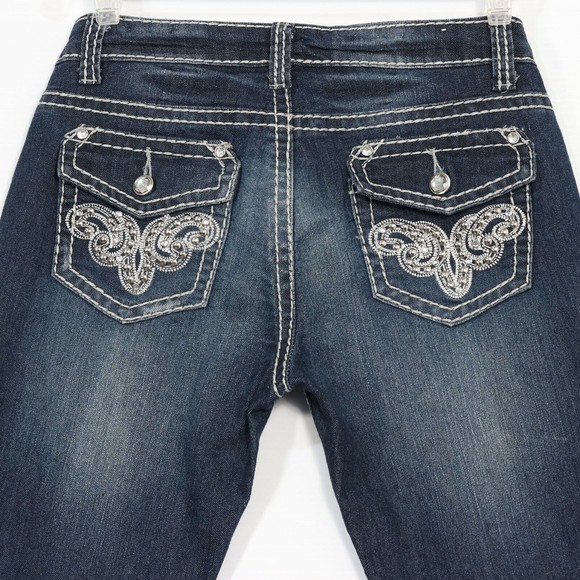 Gumm Junior Womens Embellished Jeans 5/6 Flap Pockets Rhinestone Button Slim Leg - Picture 6 of 10